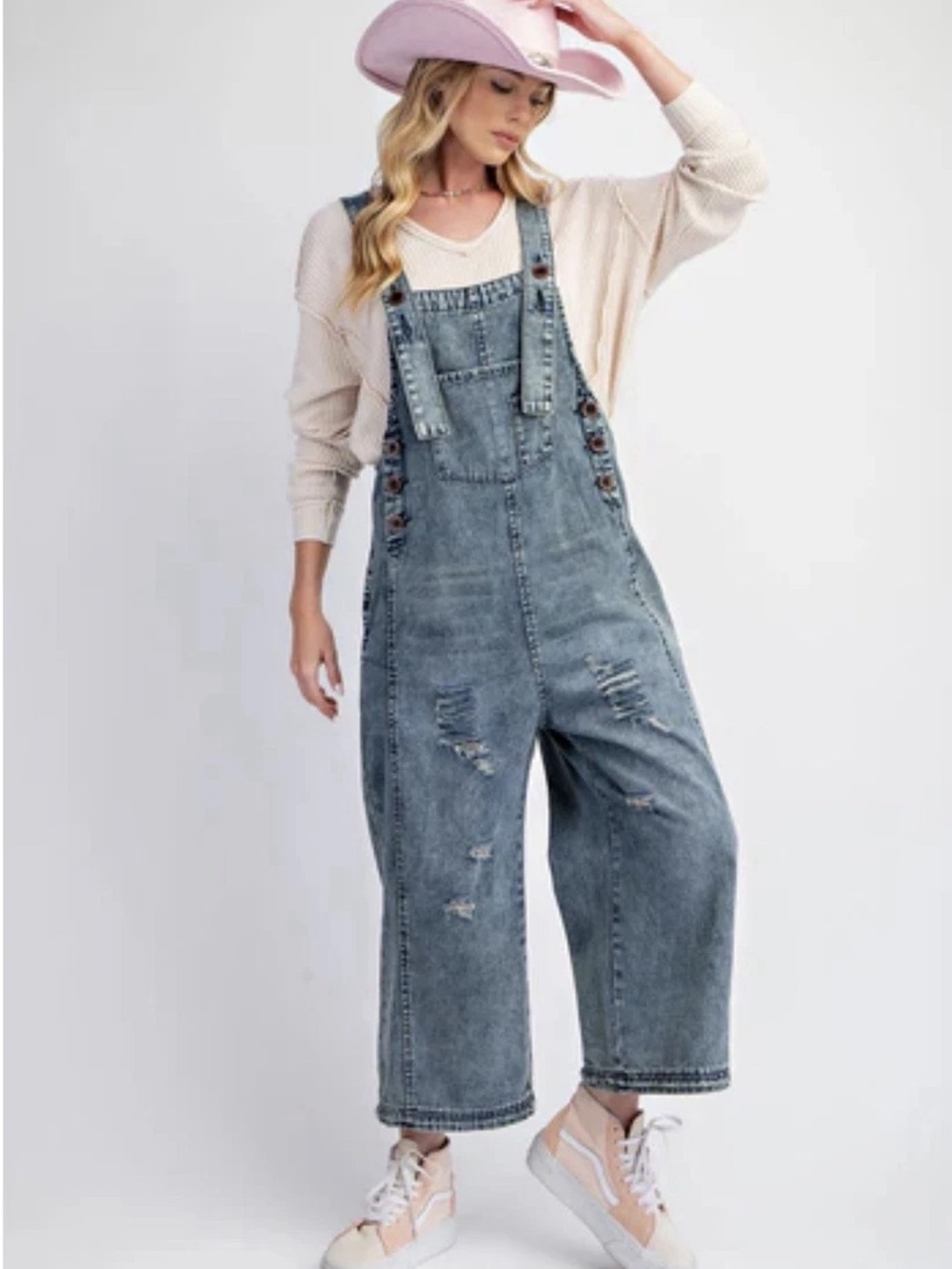 NWT Easel High Hopes Distressed Denim Overalls Light Wash Wide Leg Relaxed Fit